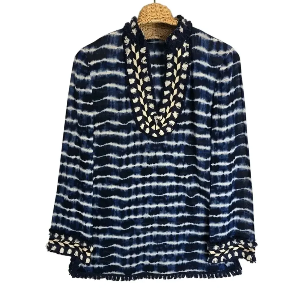 Tory Burch Blue Tie Dye Embellished Cotton Voile Tunic Shirt Size 4 Fringe Boho